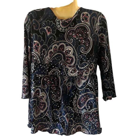 INC International Concepts Blue Paisley Print Knit Top Sparkle Dots Size Lg Y2K - Picture 3 of 11